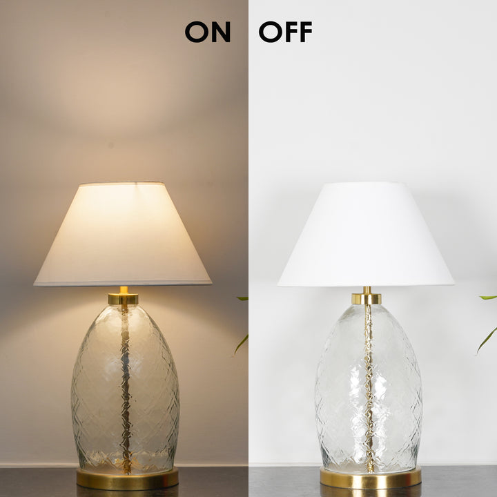 ELVORA Modern Diamond Cut Clear Glass Table Lamp with Brass Finish Metal Base | White Cotton Fabric Shade