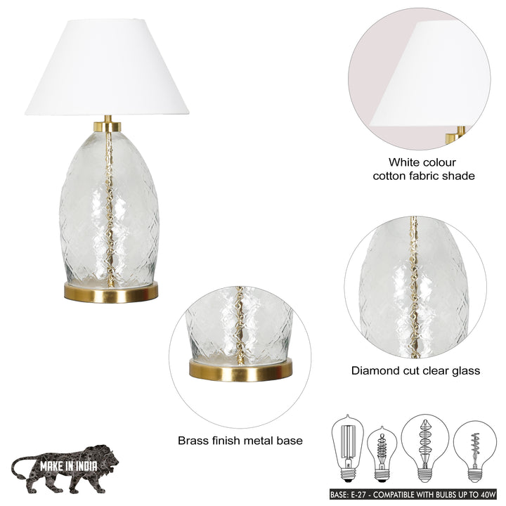 ELVORA Modern Diamond Cut Clear Glass Table Lamp with Brass Finish Metal Base | White Cotton Fabric Shade