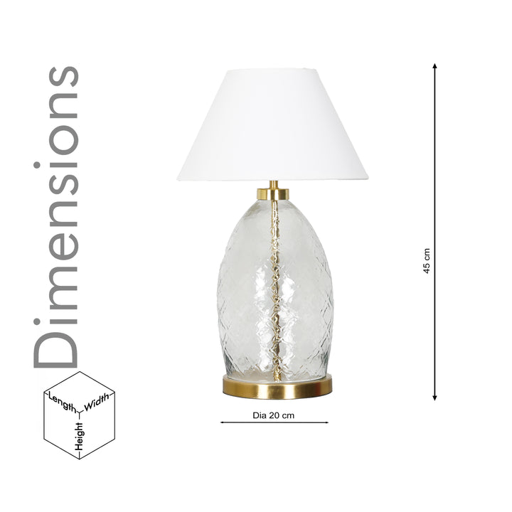 ELVORA Modern Diamond Cut Clear Glass Table Lamp with Brass Finish Metal Base | White Cotton Fabric Shade