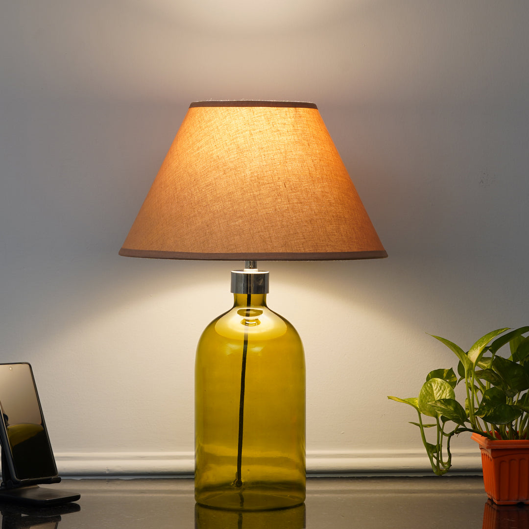 OLVIRA Modern Green Glass Table Lamp with Silver Finish Metal Accent | Beige Cotton Fabric Shade