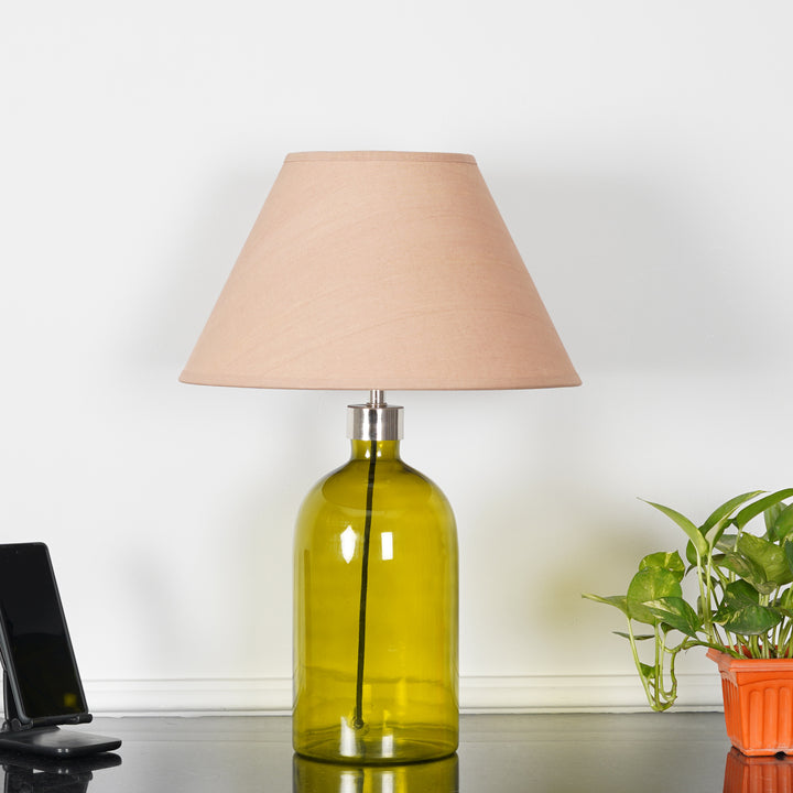 OLVIRA Modern Green Glass Table Lamp with Silver Finish Metal Accent | Beige Cotton Fabric Shade