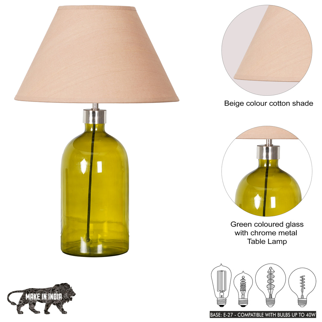 OLVIRA Modern Green Glass Table Lamp with Silver Finish Metal Accent | Beige Cotton Fabric Shade