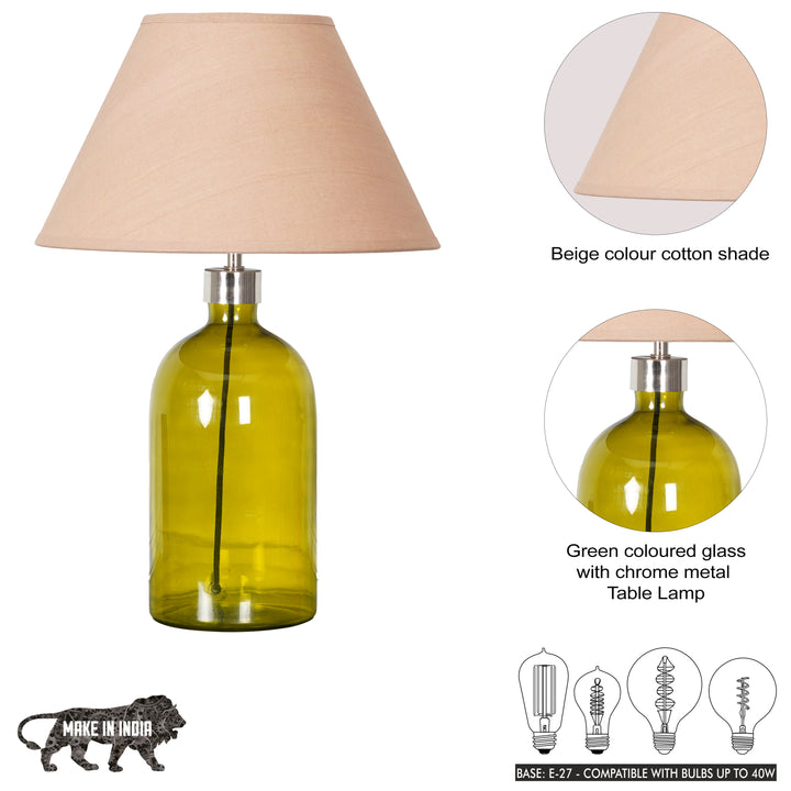 OLVIRA Modern Green Glass Table Lamp with Silver Finish Metal Accent | Beige Cotton Fabric Shade