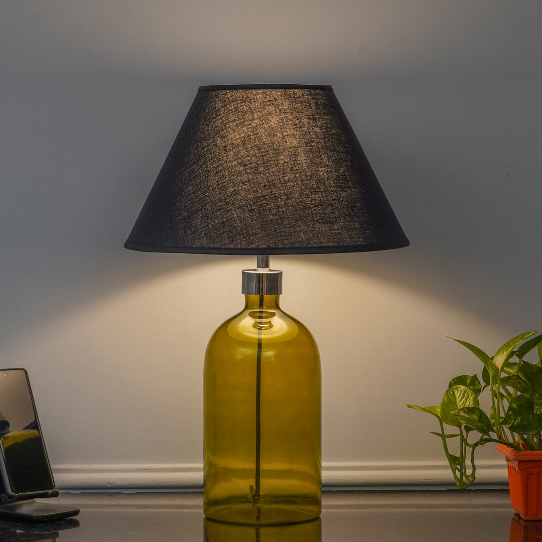 OLVIRA Modern Green Glass Table Lamp with Silver Finish Metal Accent | Black Cotton Fabric Shade