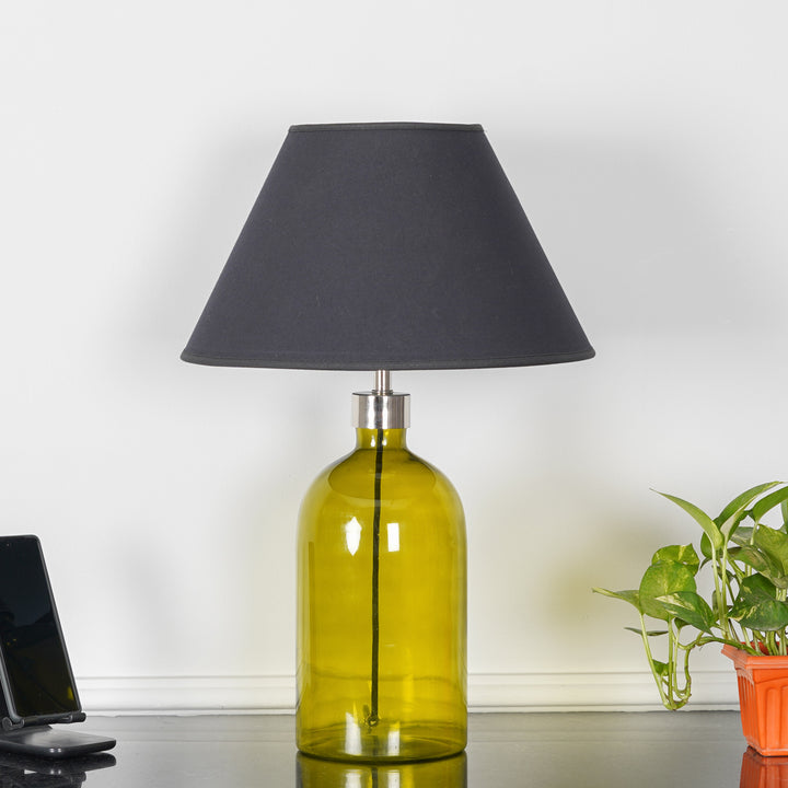 OLVIRA Modern Green Glass Table Lamp with Silver Finish Metal Accent | Black Cotton Fabric Shade