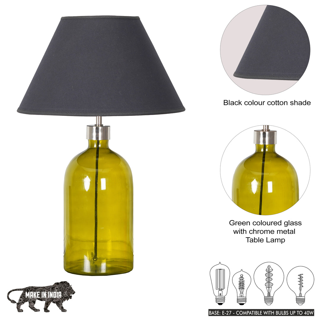 OLVIRA Modern Green Glass Table Lamp with Silver Finish Metal Accent | Black Cotton Fabric Shade