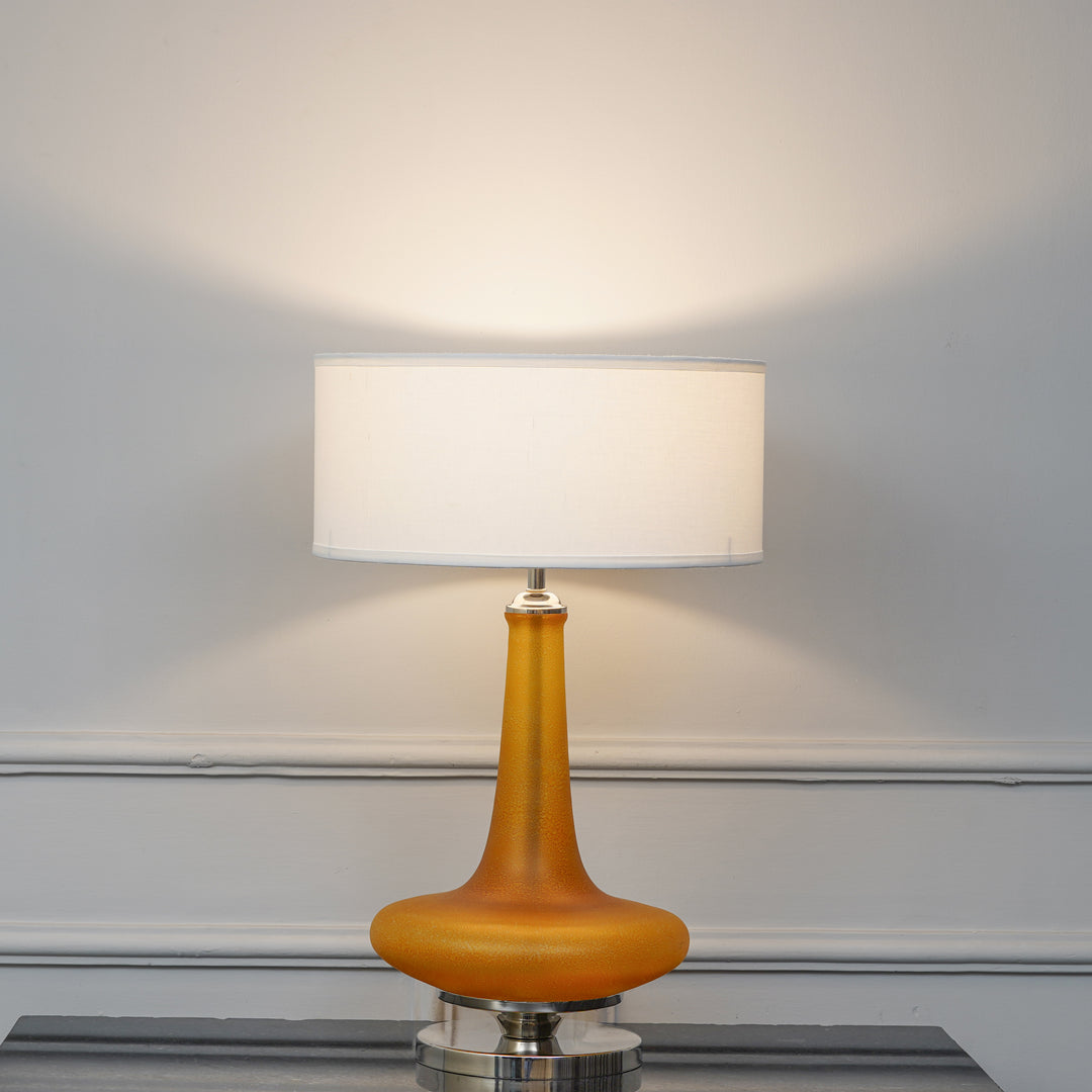 VIRELLA Premium Amber Glass Table Lamp with White Cotton Drum Shade & Chrome Finish Metal Base
