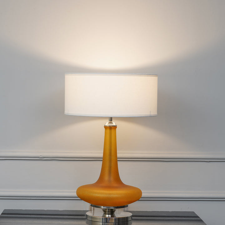 VIRELLA Premium Amber Glass Table Lamp with White Cotton Drum Shade & Chrome Finish Metal Base