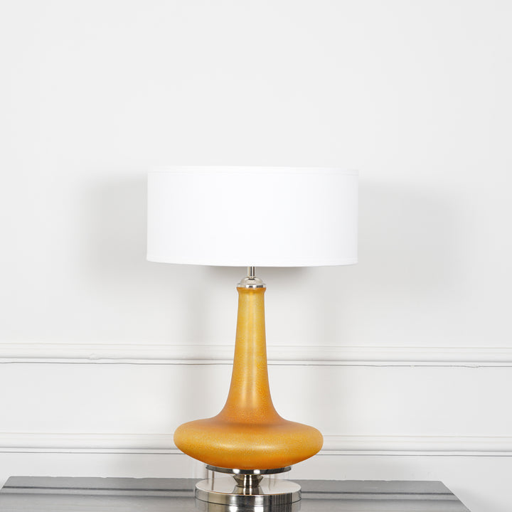 VIRELLA Premium Amber Glass Table Lamp with White Cotton Drum Shade & Chrome Finish Metal Base