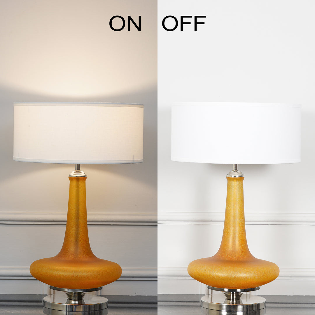 VIRELLA Premium Amber Glass Table Lamp with White Cotton Drum Shade & Chrome Finish Metal Base