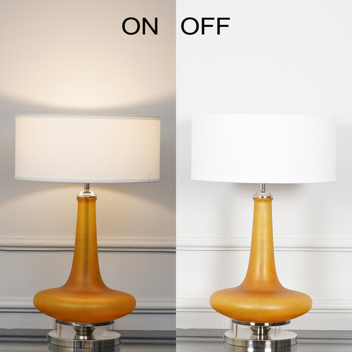 VIRELLA Premium Amber Glass Table Lamp with White Cotton Drum Shade & Chrome Finish Metal Base