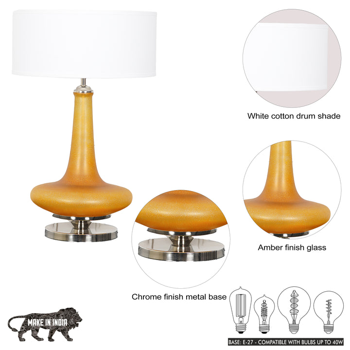 VIRELLA Premium Amber Glass Table Lamp with White Cotton Drum Shade & Chrome Finish Metal Base