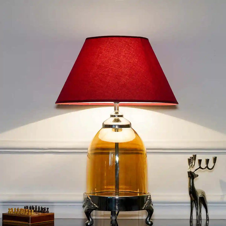 Serenity Amber Glass Table Lamp With Maroon Cotton Shade