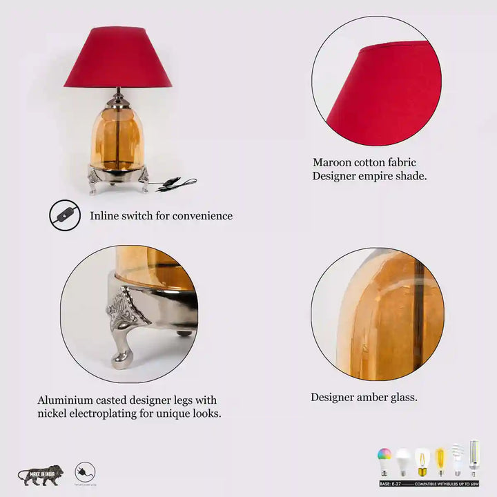 Serenity Amber Glass Table Lamp With Maroon Cotton Shade