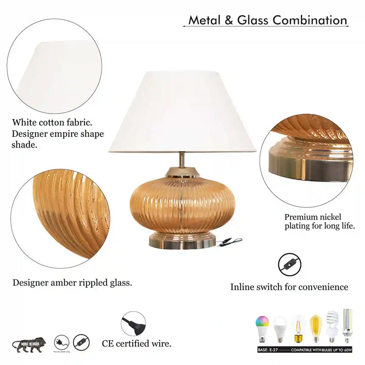 Maloto Amber Luster and Nickel Finish Table Lamp With White Cotton Shade