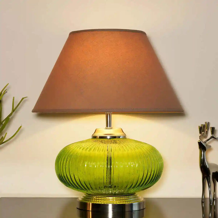 Maloto Green Luster and Nickel Finish Table Lamp With Beige Cotton Shade