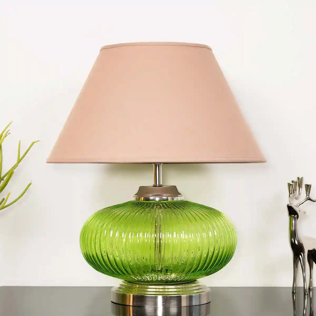 Maloto Green Luster and Nickel Finish Table Lamp With Beige Cotton Shade