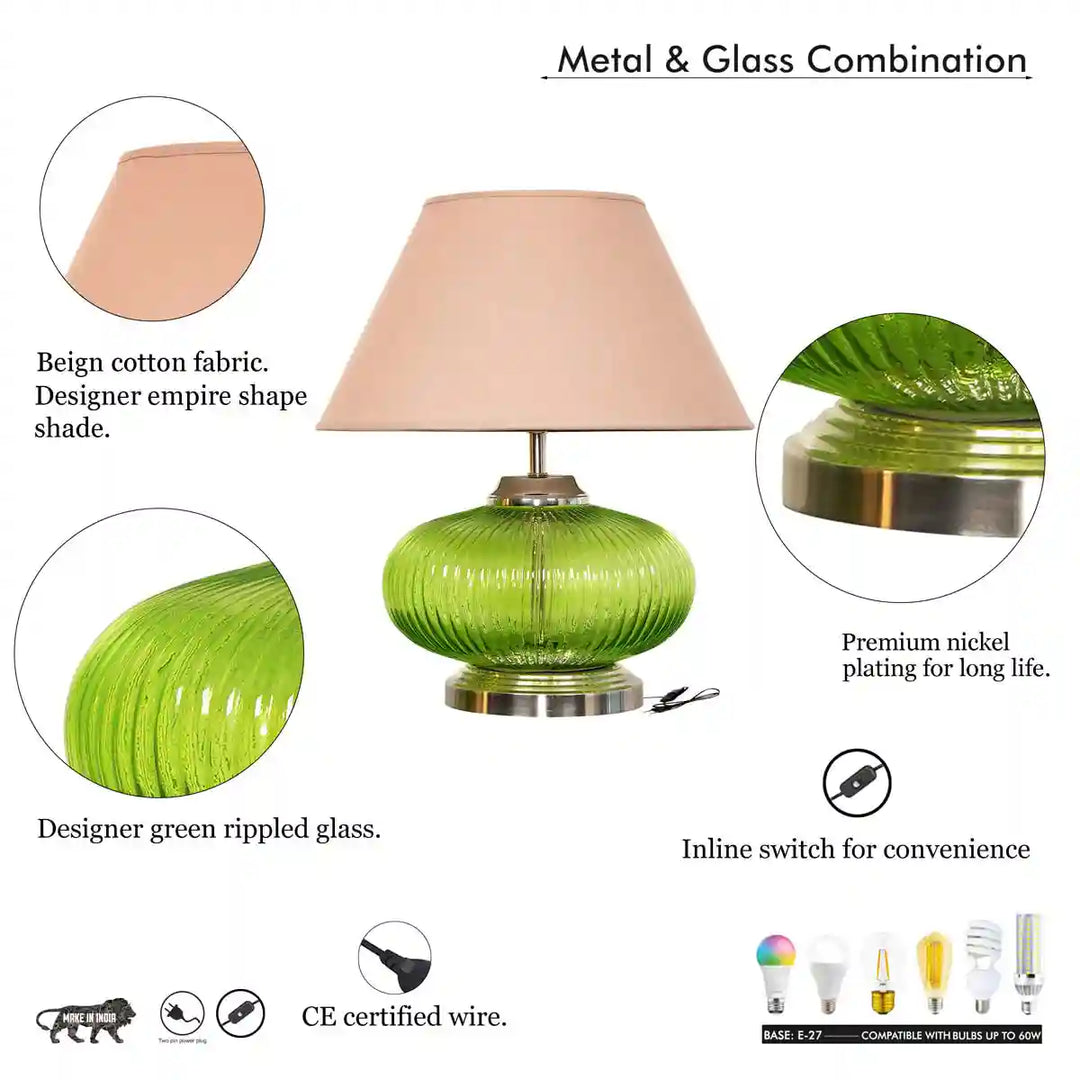 Maloto Green Luster and Nickel Finish Table Lamp With Beige Cotton Shade