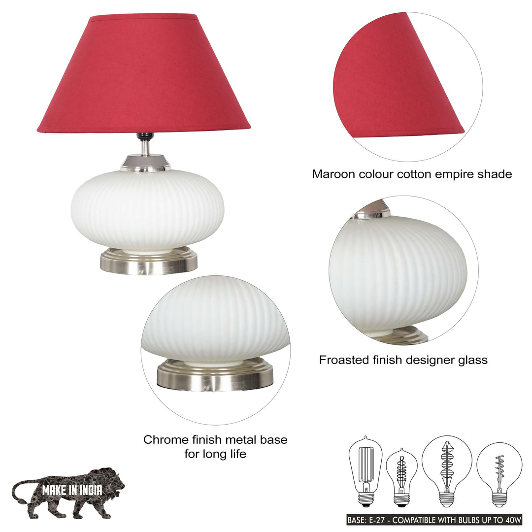 MALOTO Frosted White Glass and Chrome Finish Metal Table Lamp With Beige Cotton Shade