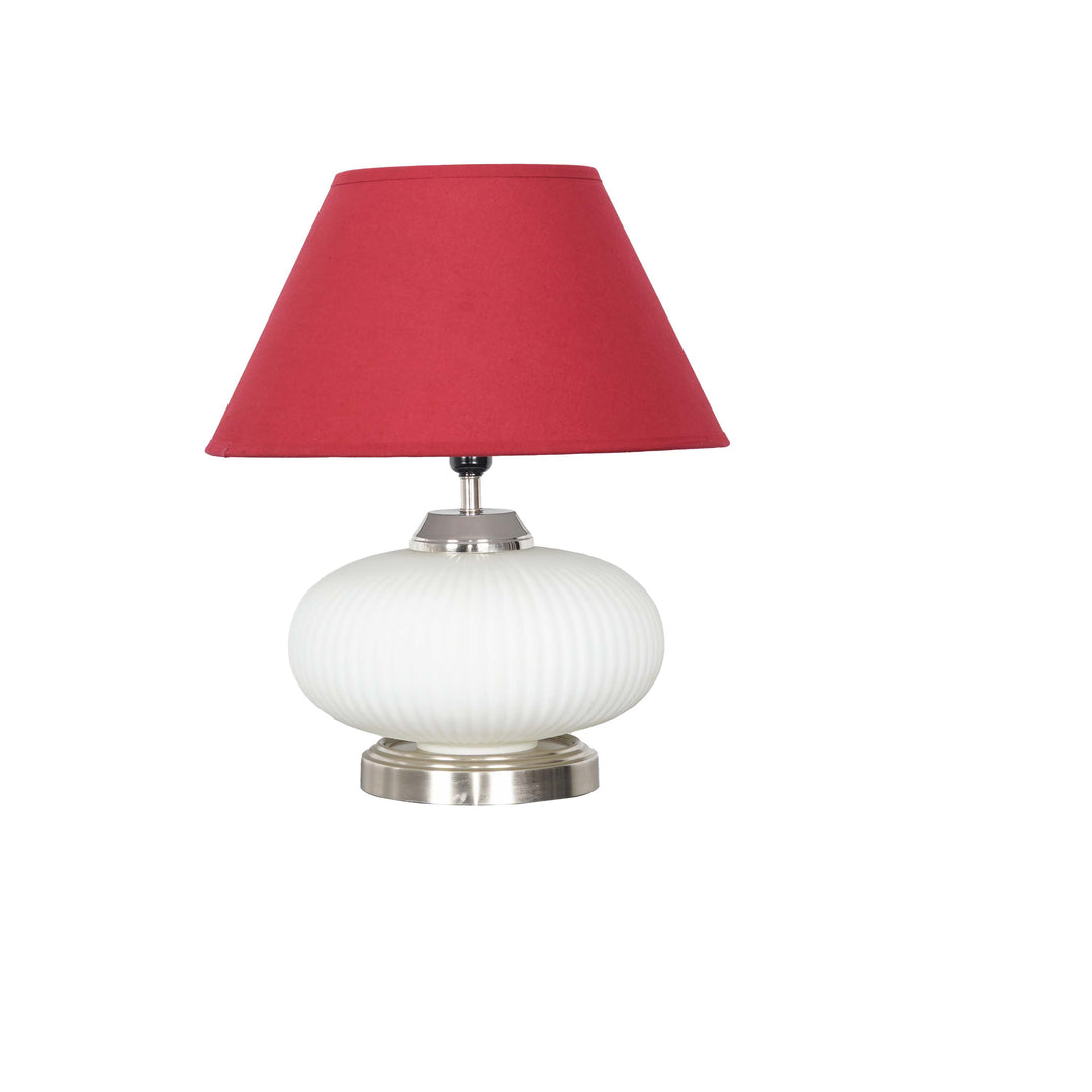 MALOTO Frosted White Glass and Chrome Finish Metal Table Lamp With Beige Cotton Shade