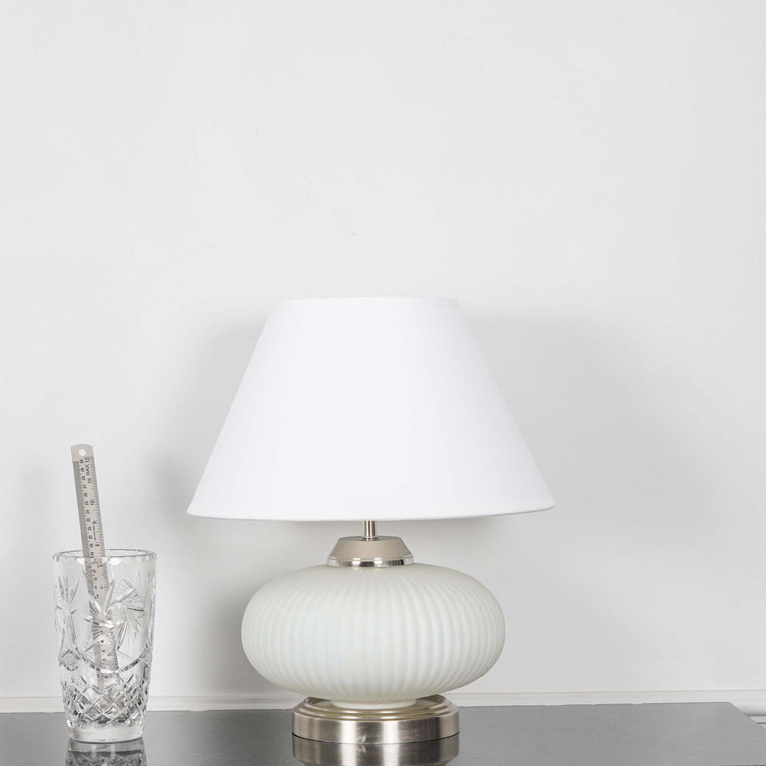 MALOTO Frosted White Glass and Chrome Finish Metal Table Lamp With Beige Cotton Shade