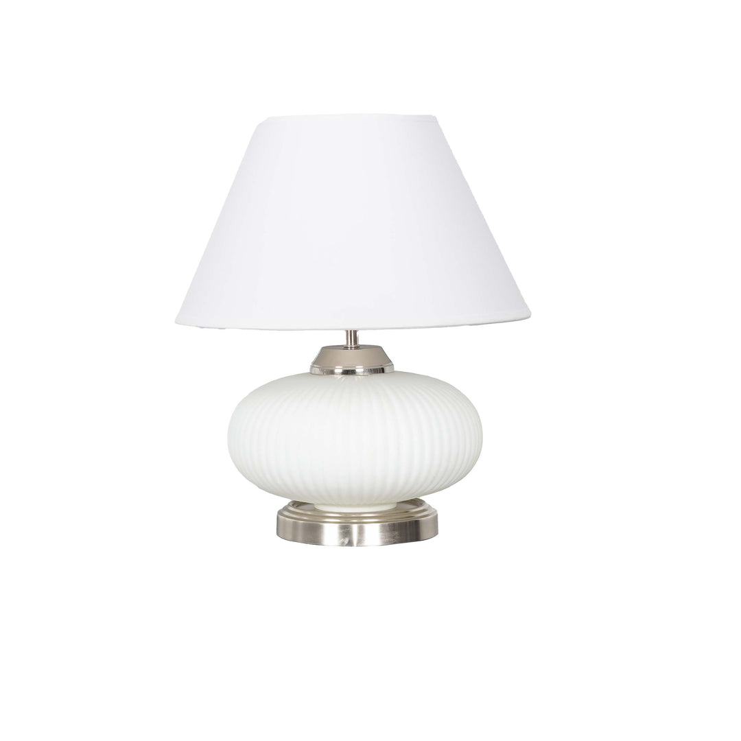 MALOTO Frosted White Glass and Chrome Finish Metal Table Lamp With Beige Cotton Shade