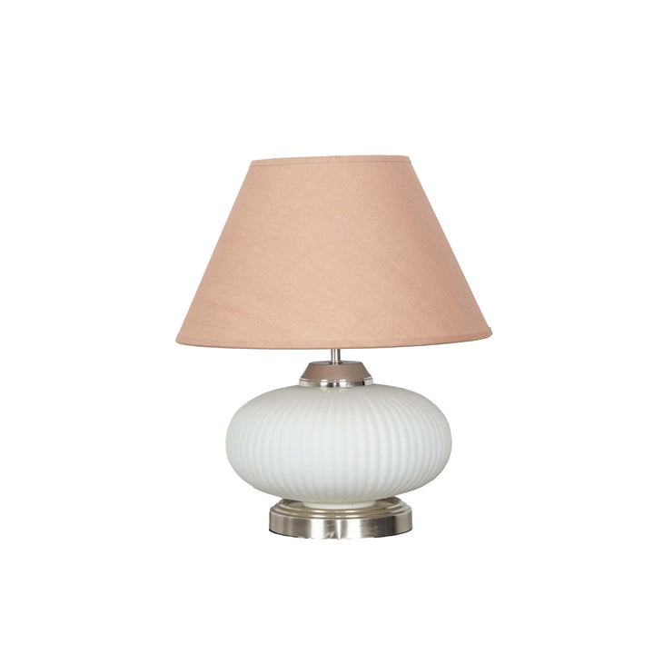 MALOTO Frosted White Glass and Chrome Finish Metal Table Lamp With Beige Cotton Shade