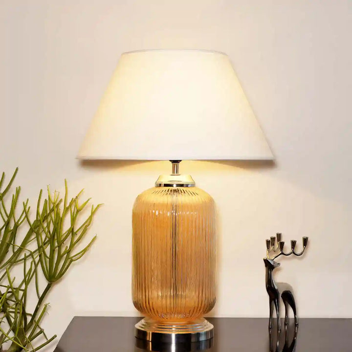 Maloto Amber Luster and Nickel Finish Table Lamp With White Cotton Shade