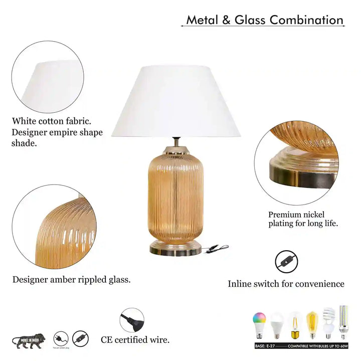 Maloto Amber Luster and Nickel Finish Table Lamp With White Cotton Shade