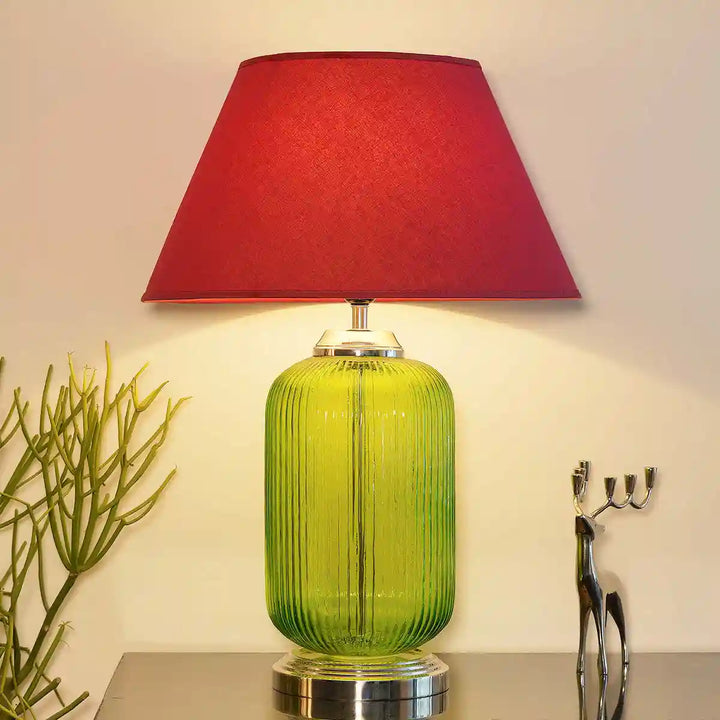 Maloto Green Luster and Nickel Finish Table Lamp With Maroon Cotton Shade