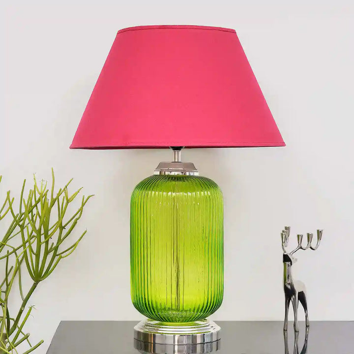 Maloto Green Luster and Nickel Finish Table Lamp With Maroon Cotton Shade