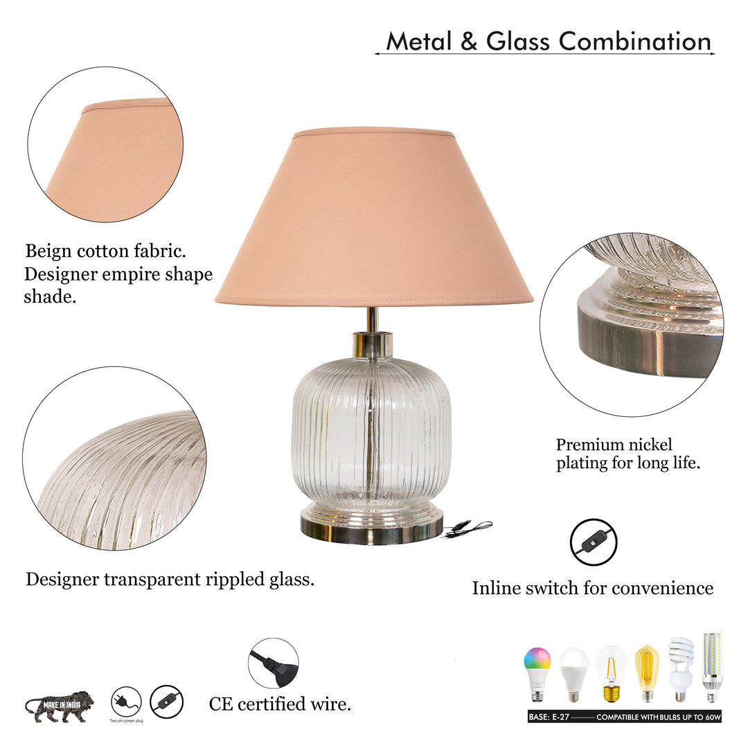 DEMARIUS Transparent and Nickel Finish Table Lamp With Cotton Shade
