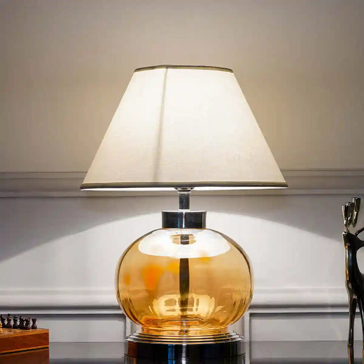 Opaline Globe Amber and Nickel Finish Table Lamp With White Cotton Shade