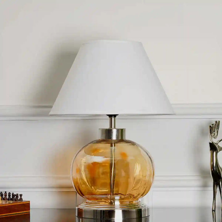 Opaline Globe Amber and Nickel Finish Table Lamp With White Cotton Shade