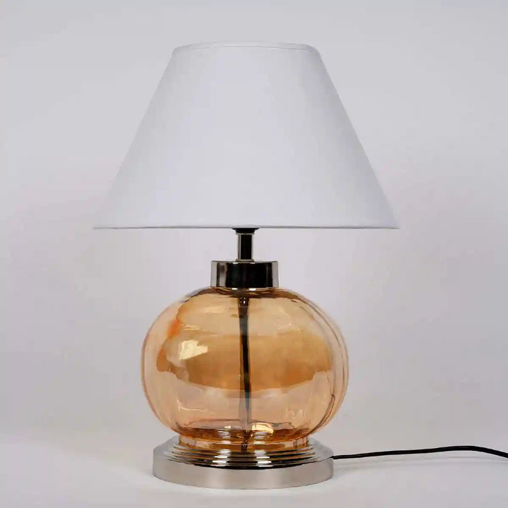 Opaline Globe Amber and Nickel Finish Table Lamp With White Cotton Shade