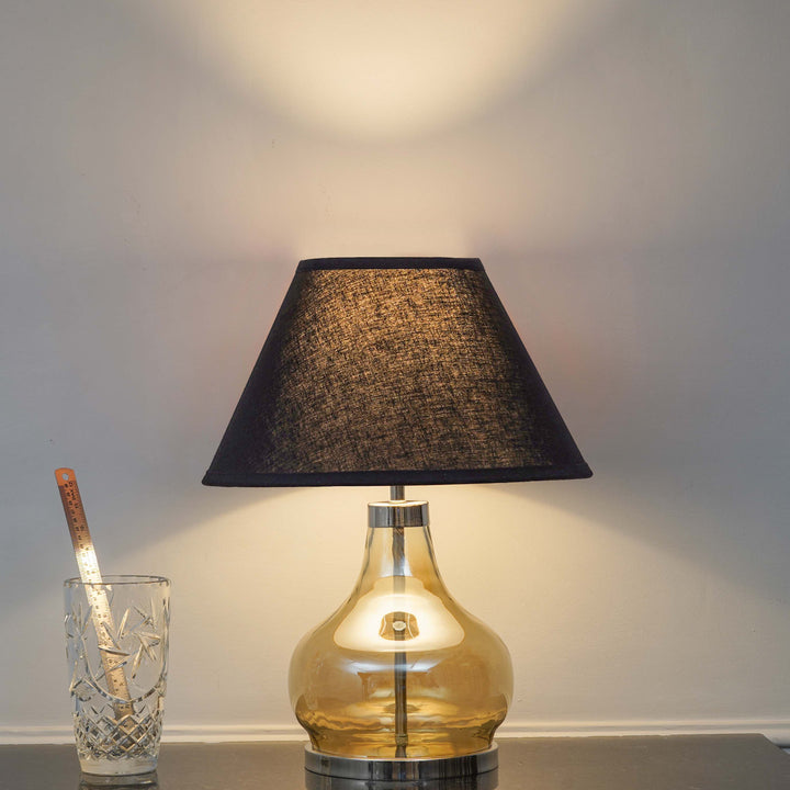 INGRAM Smoke Glass and Metal Table Lamp With Beige Cotton Shade