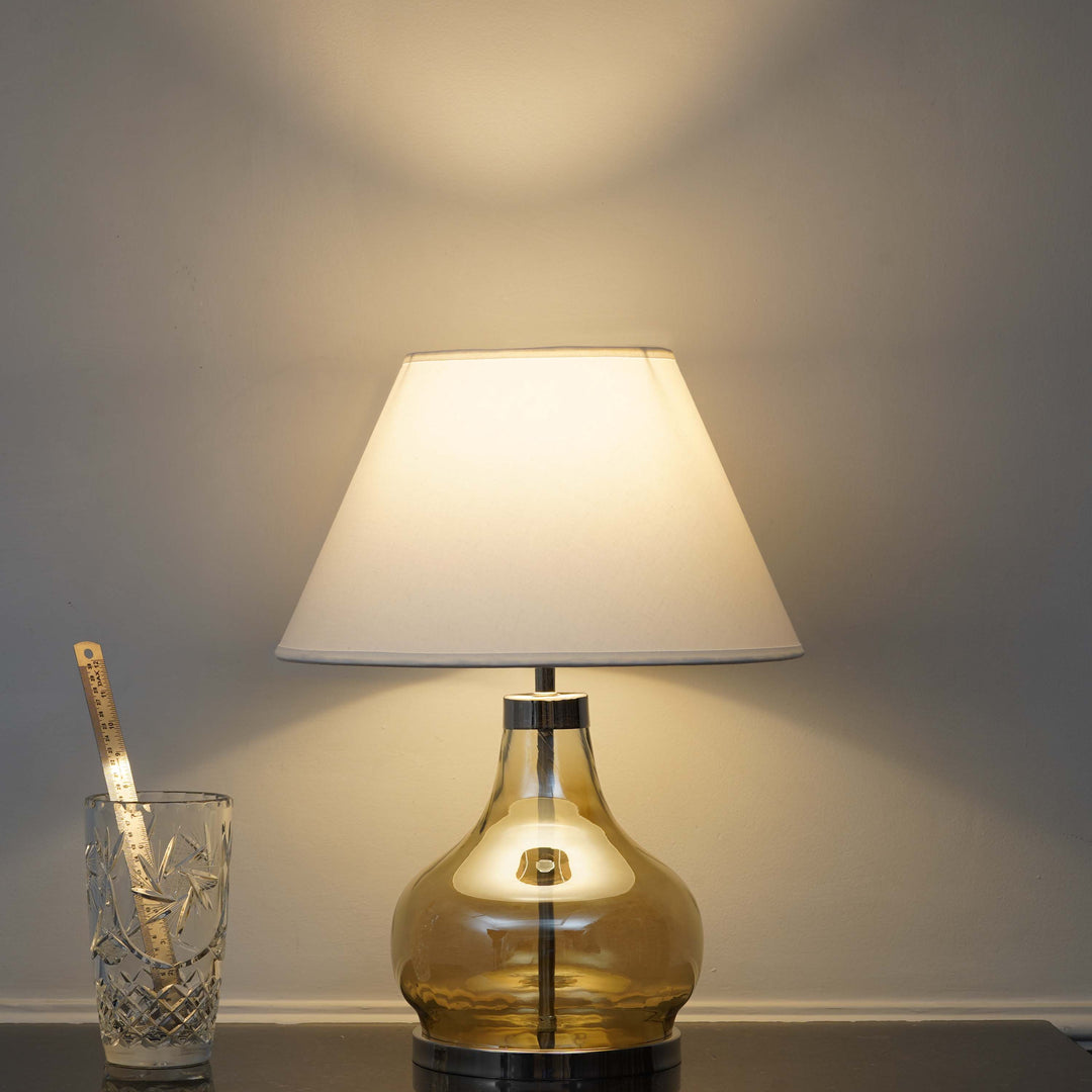 INGRAM Smoke Glass and Metal Table Lamp With Beige Cotton Shade