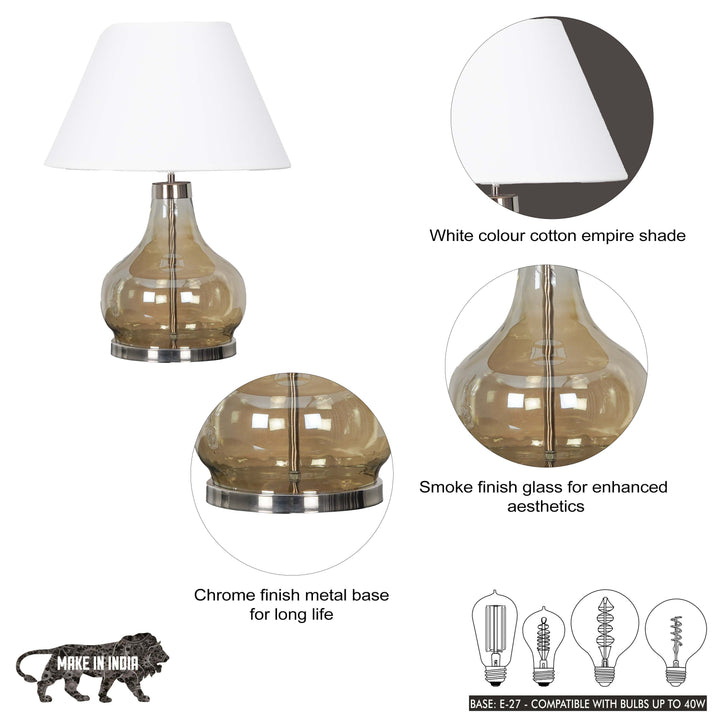 INGRAM Smoke Glass and Metal Table Lamp With Beige Cotton Shade