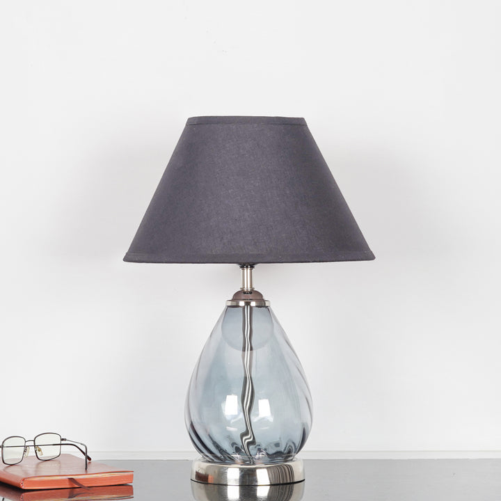 DECADE Blue Glass and Nickel Finish Metal Table Lamp With Cotton Shade