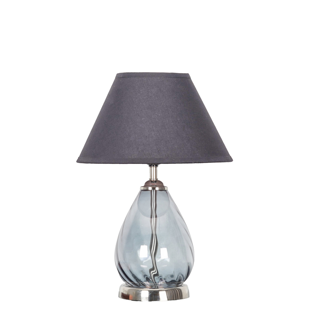 DECADE Blue Glass and Nickel Finish Metal Table Lamp With Cotton Shade