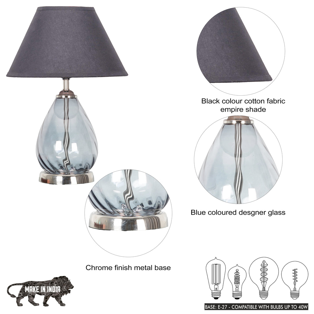 DECADE Blue Glass and Nickel Finish Metal Table Lamp With Cotton Shade