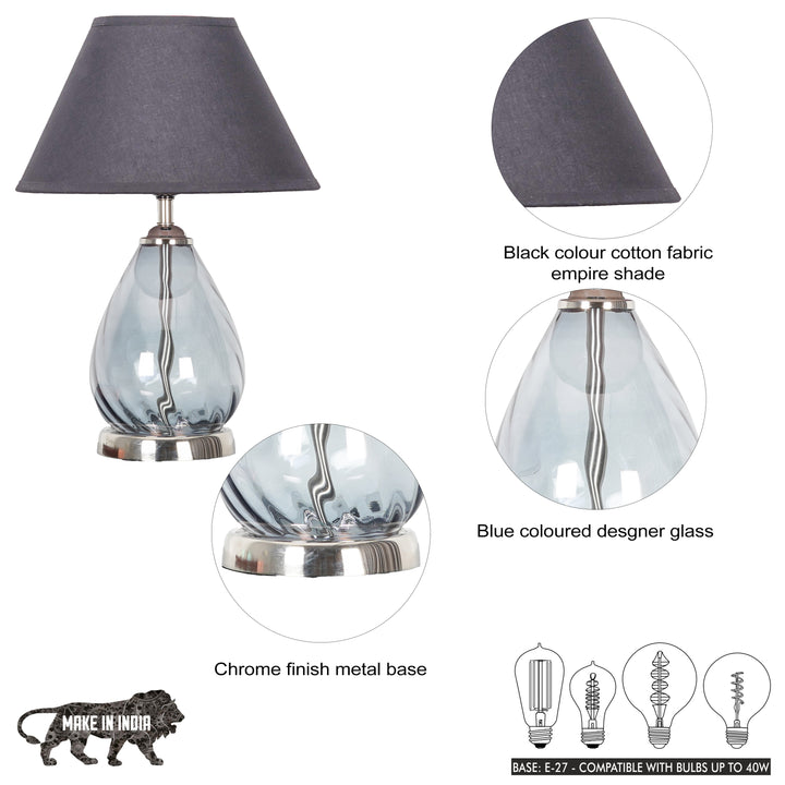 DECADE Blue Glass and Nickel Finish Metal Table Lamp With Cotton Shade