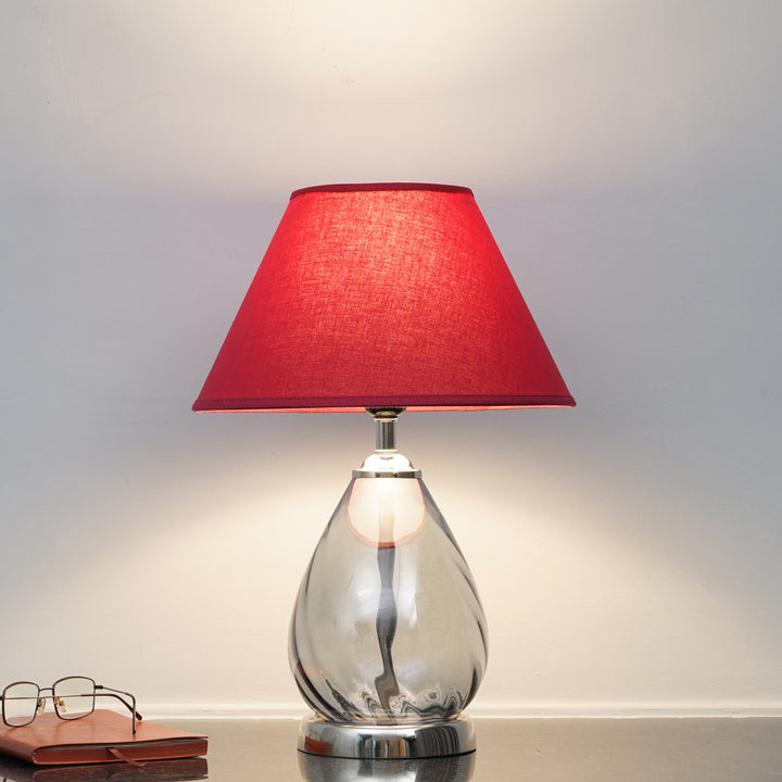 DECADE Blue Glass and Nickel Finish Metal Table Lamp With Cotton Shade