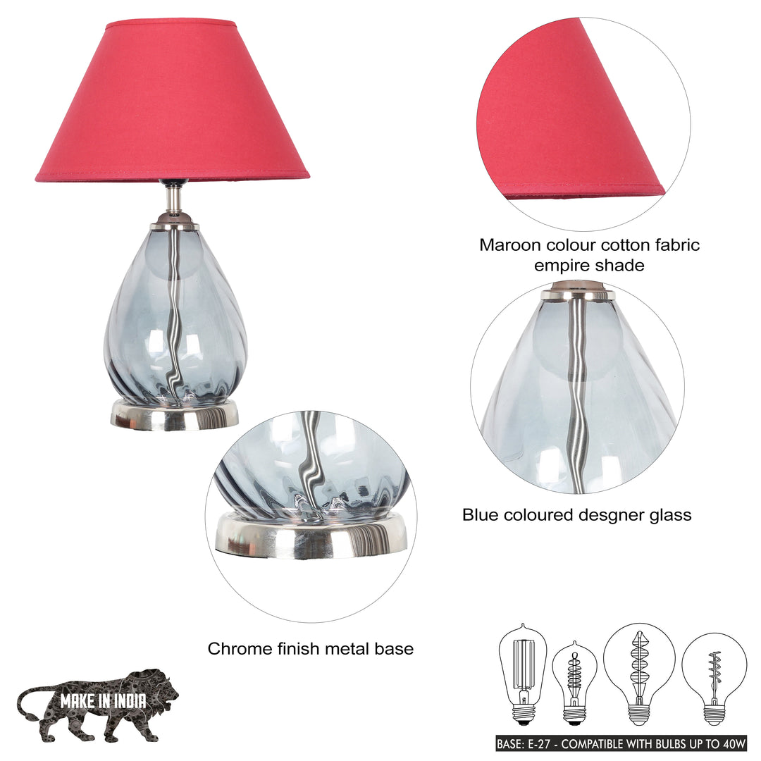 DECADE Blue Glass and Nickel Finish Metal Table Lamp With Cotton Shade