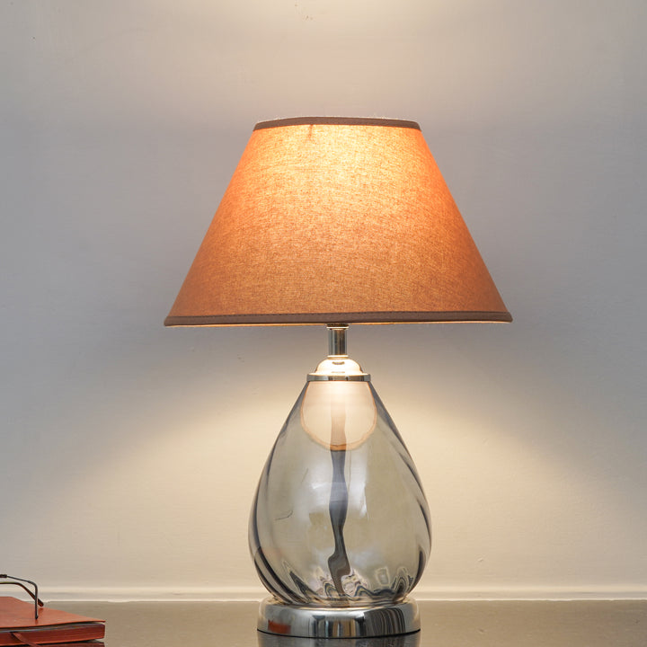 DECADE Blue Glass and Nickel Finish Metal Table Lamp With Cotton Shade