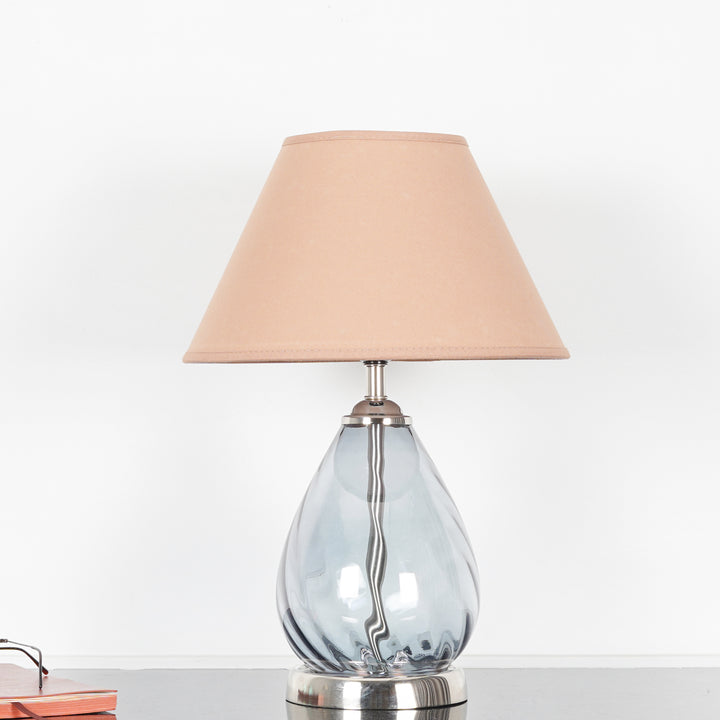 DECADE Blue Glass and Nickel Finish Metal Table Lamp With Cotton Shade