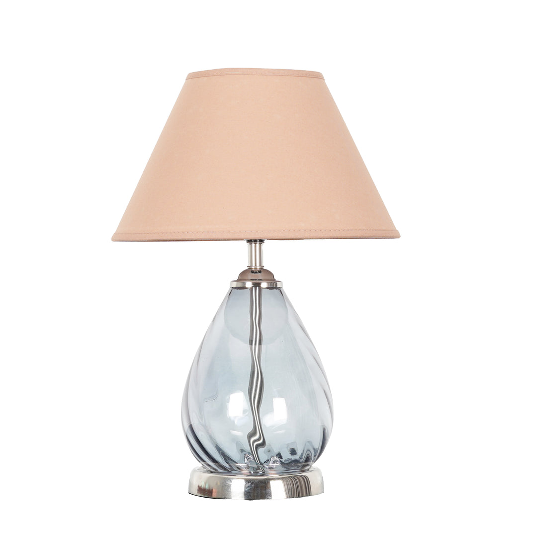 DECADE Blue Glass and Nickel Finish Metal Table Lamp With Cotton Shade