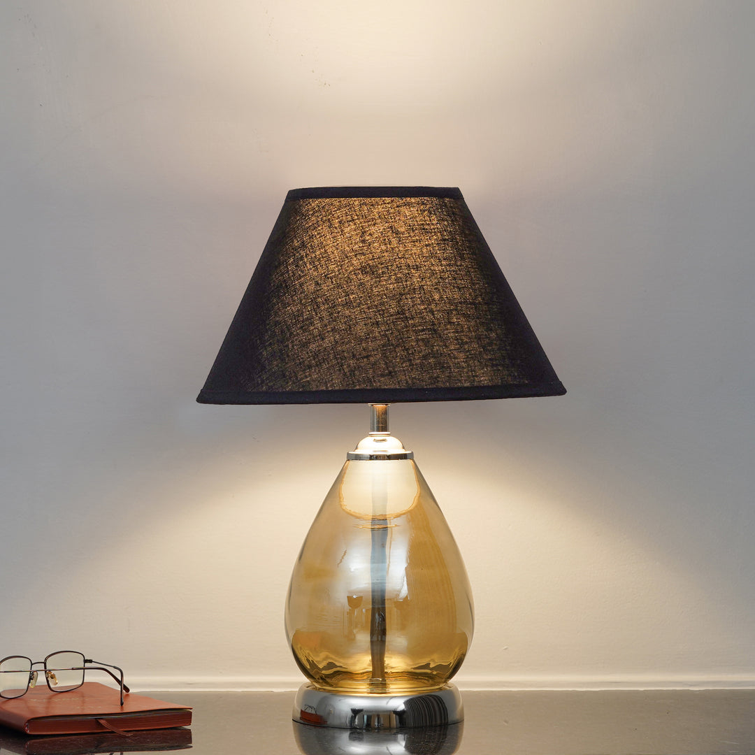 DECADE Smoke Glass and Nickel Finish Metal Table Lamp With Beige Cotton Shade