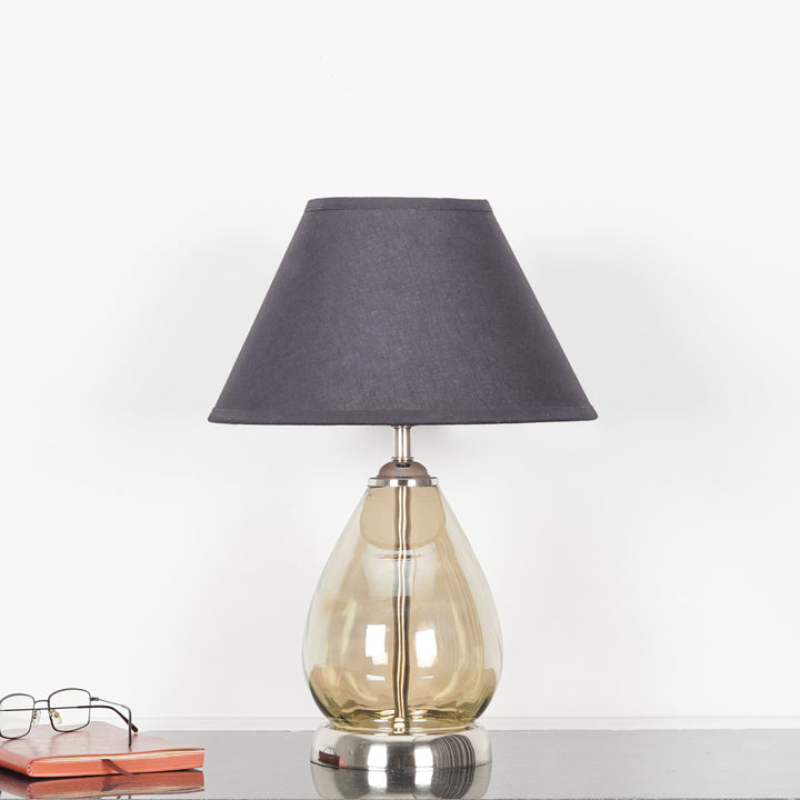 DECADE Smoke Glass and Nickel Finish Metal Table Lamp With Beige Cotton Shade