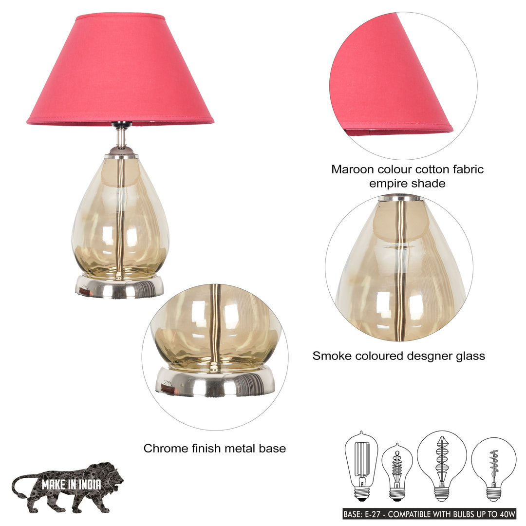 DECADE Smoke Glass and Nickel Finish Metal Table Lamp With Beige Cotton Shade